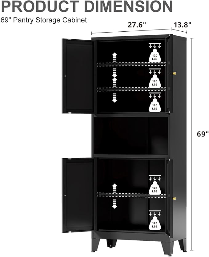 69" Tall Kitchen Pantry Cabinet, Metal Storage Cabinet with 4 Doors and Adjustbale Shelves, Freestanding Cupboards for Dining Room, Living Room, Bathroom
