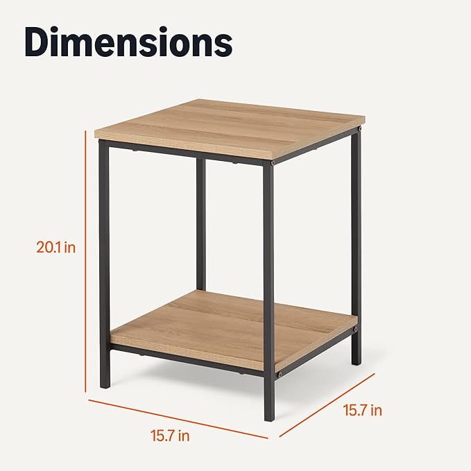 Amazon Basics - End Table with Bottom Shelf, Living Room Side Table, Steel Frame, Wooden Oak