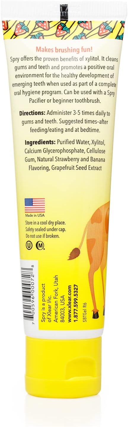 Spry Natural Xylitol Toothpaste for Baby, Toddler and Kids Age 3 Months and Up - Fluoride Free Tooth Gel, Tasty, Support Development of Emerging Teeth, Strawberry Banana 2 Fl Oz (Pack of 3)