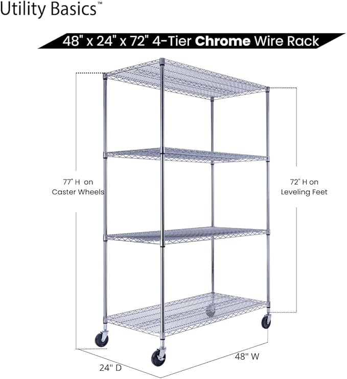48"x24"x72" Chrome Premium Metal Steel Wire Shelving 4-Tier NSF 3200 LBS MAX Capacity Heavy Duty Storage Rack for Garages, Commercial Spaces, Hospitals, & Schools w/Premium Wheels