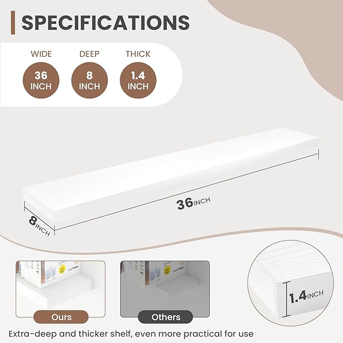 36 Inch Floating Shelves, 8 Inch Deep Floating Shelves for Wall, Hanging Shelf with Invisible Brackets, Deep Shelves for Bathroom, Bedroom, Living Room, White, Set of 2
