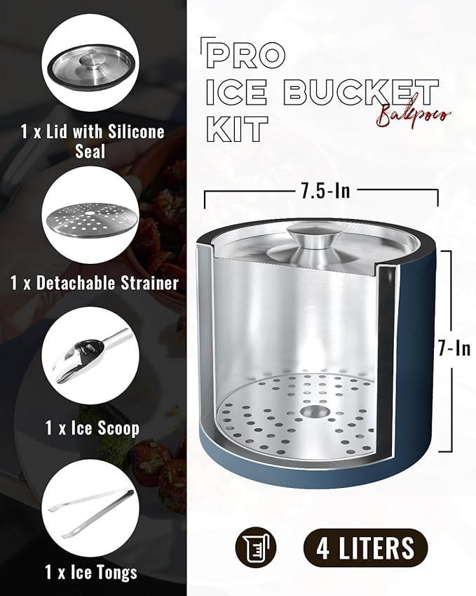 4L Ice Bucket with Silicone Lid, Scoop, Tongs & Strainer, Stainless Steel Double Wall Insulated Ice Buckets for Parties & Cocktail Bar, Outdoor Champagne Ice Container Bin, Navy