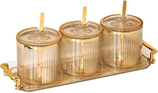 Acrylic Condiment Spice Jars,Condiment Spice Box With Lids and Spoons and Tray,Clear Plastic Sugar Salt Canisters,Seasoning Box 3 Pack,Seasoning Box Set for Kitchen to Storage Salt,Paprika,Sugar