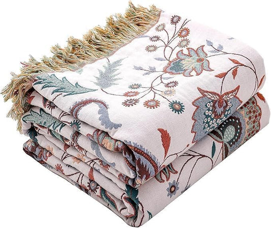 Boho Throw Blanket for Bed,100% Ultra Cotton Soft Breathable Bed Throw Floral Printed Farmhouse Decor Rustic Bed Throws for Couch Sofa Quilt White Flowers 60" x 80"