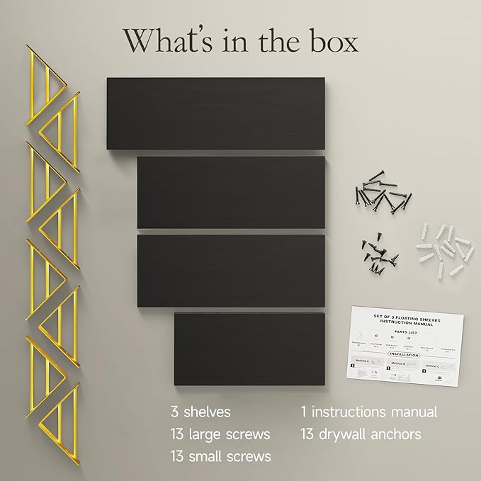 BAYKA Floating Shelves for Bedroom Decor, Wall Shelves for Storage, Wall Mounted Rustic Wood Floating Shelf for Books,Corner Shelf for Bathroom,Kitchen,Living Room(Black and Gold，Set of 4)