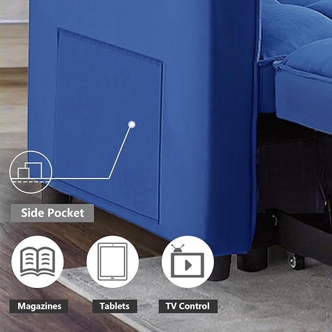 3 in 1 Convertible Sleeper Sofa Bed,Futon Loveseat Couch with Pull-Out Bed & Adjustable Backrest,Velvet Fabric Sofa with Side Pocket for Small Apartment, Living Room, Office (Blue)