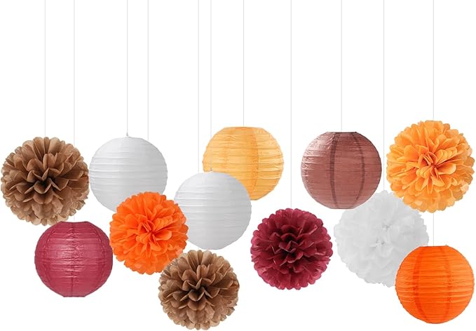 Brown Burgundy-Orange Party-Decorations Paper-Flowers Lanterns - 15PCS Fall Boho Tissue Pom Poms Streamers,Baby Bridal Shower Rustic Wedding Neutral Birthday Coffee Halloween ThanksgivingDecor Hugfond