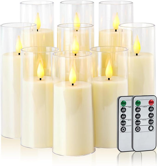 Amagic Ivory Flameless Candles with Remote, Battery Operated Candles with Timer, Acrylic Plexiglass Flickering LED Fake Candle for Wedding, Holiday, Home Decor, Set of 9, D2.2 x H5 6" 7"
