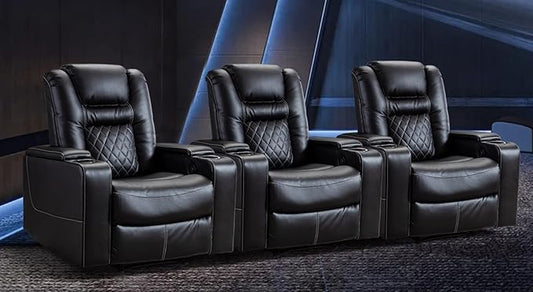CANMOV Electric Power Recliner Chair Set of 3, Breathable Leather Home Theater Seating with Hidden Arm Storage, Power Recliner Chair with USB Ports and Cup Holders for Living Room,Black