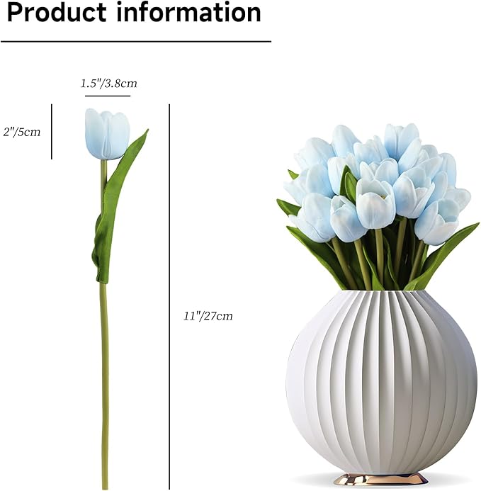 Buart Artificial Tulip in Bulk for Wedding Bridal Bouquet,Fake Flowers for Valentine's Day Mother's Day Easter Table Centerpieces Decorations(Light Blue,Real-Touch,12pcs)