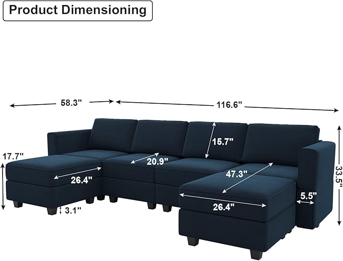 Belffin Modular Sectional Sofa U Shaped Velvet Couch with Reversible Chaise Oversized Couch with Ottoman Blue…