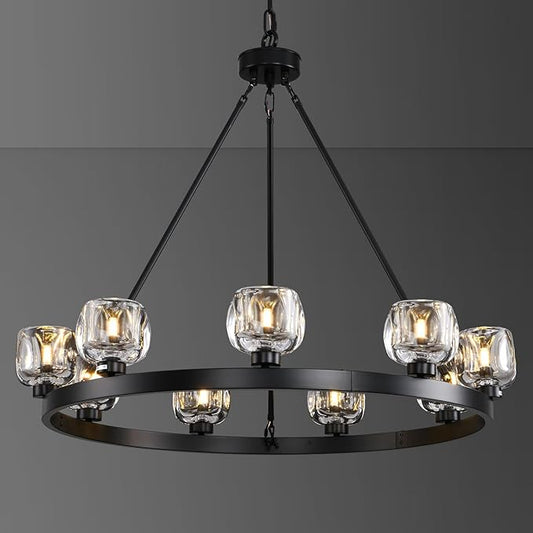 Black Wagon Wheel Chandelier, 36 Inch Black Chandeliers with Unique Glass Shade, 9-Light Crystal Farmhouse Wagon Wheel Chandeliers for Dining Room, Round Chandelier for Living Room, Foyer, Entryway
