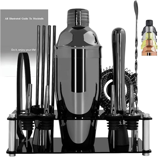 14-Piece Cocktail Shaker Set Bartender Kit with Black Stand, Bar Tool Set for Drink Mixing Bartending Kit Bar Sets Accessories: 750ml(25oz) Shaker, Jigger, Muddler, Cocktail Recipes (Black)