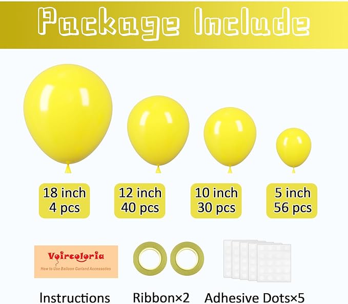 130pcs Yellow Balloons Different Sizes 18" 12" 10" 5" Party Latex Balloons for Boys Girls Birthday Baby Shower Gender Reveal Wedding Sunflower Party Decorations