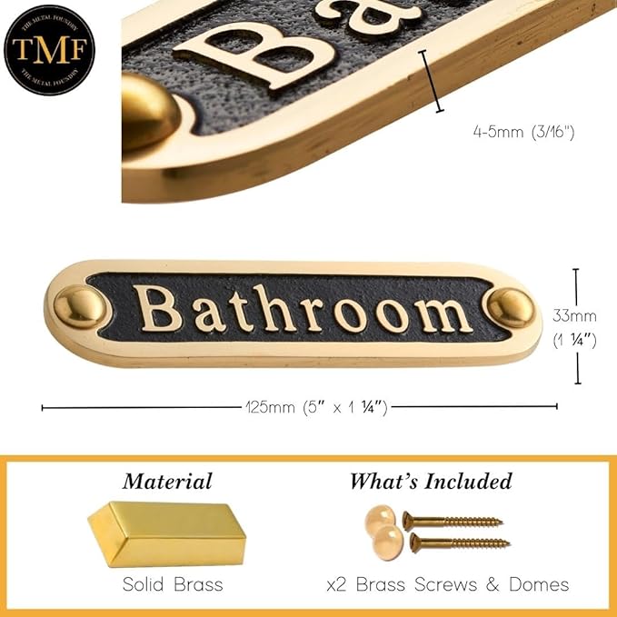 Bathroom Brass Door Sign. Traditional Style Home Décor Wall Plaque Handmade By The Metal Foundry UK.