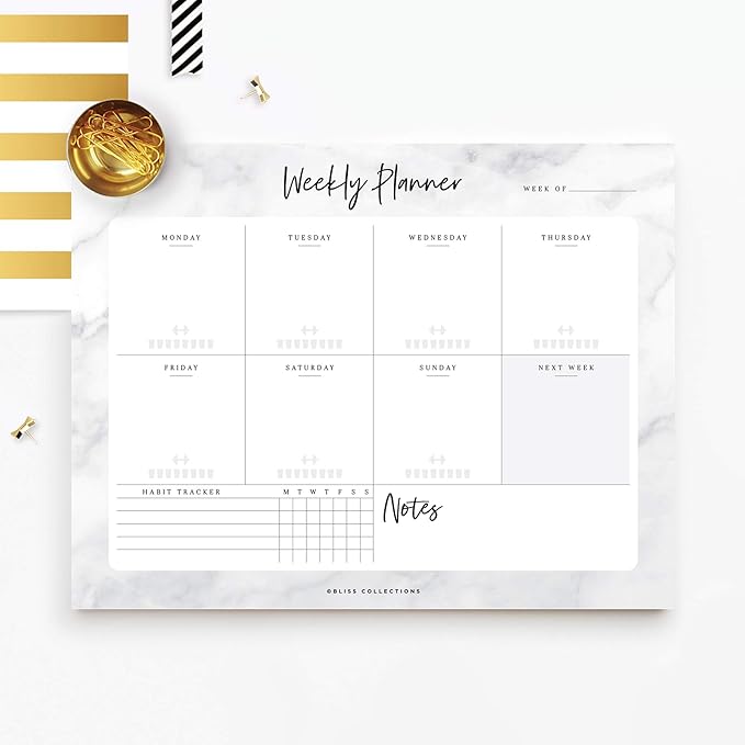 Bliss Collections Weekly Planning Pad, To Do List Notebook - Undated Tear-Off Sheets Notepad - Work Calendar, Organizer, Scheduler for Goals, Tasks - Marble, 8.5" x 11", 50 Sheets