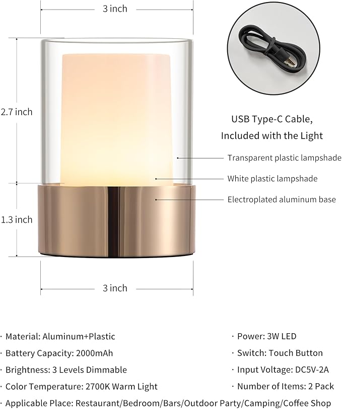 4" Mini Dining Table Light 2 Pack for Buffet Restaurant, Outdoor Waterproof Lamps for Bathroom Camping, Rechargeable Cordless Table Lamp for Bar, Touch Warm Night Light for Nursery Baby (Gold)