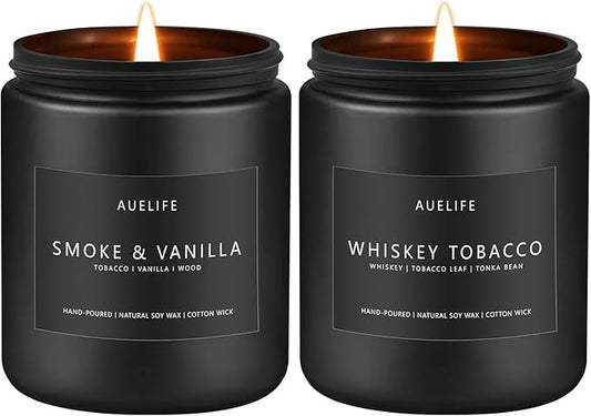 2 Pack Candle | Smoke & Vanilla + Whiskey Tobacco - Candles for Men - Masculine Candle, Soy Candles for Home Scented - Gifts for Men, Home Fragrance Manly Gifts - Each of 7oz