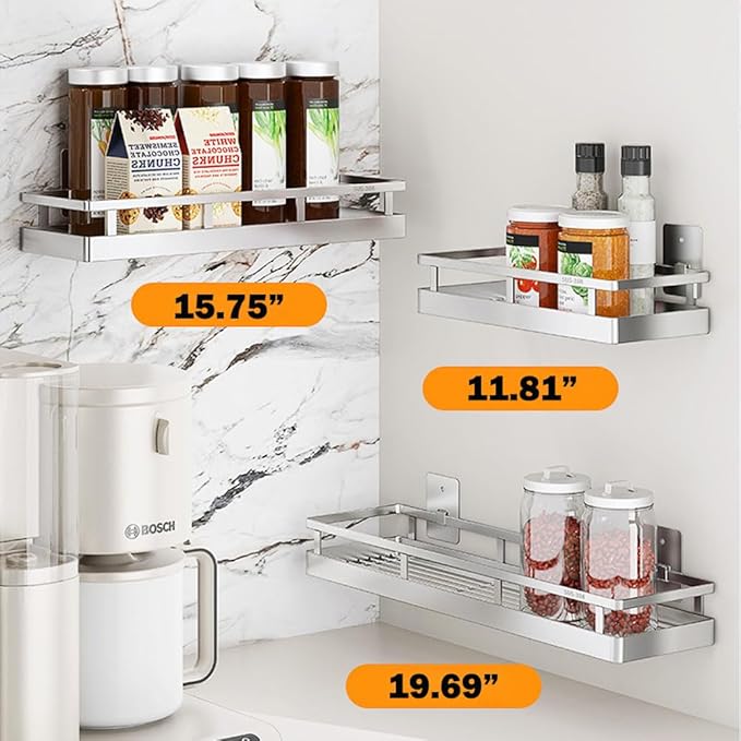 19.69Inch Spice Rack Organizer, SUS304 Stainless Steel Wall Mount Spice Rack Storage Basket, Kitchen Racks, Nail-Free Installation