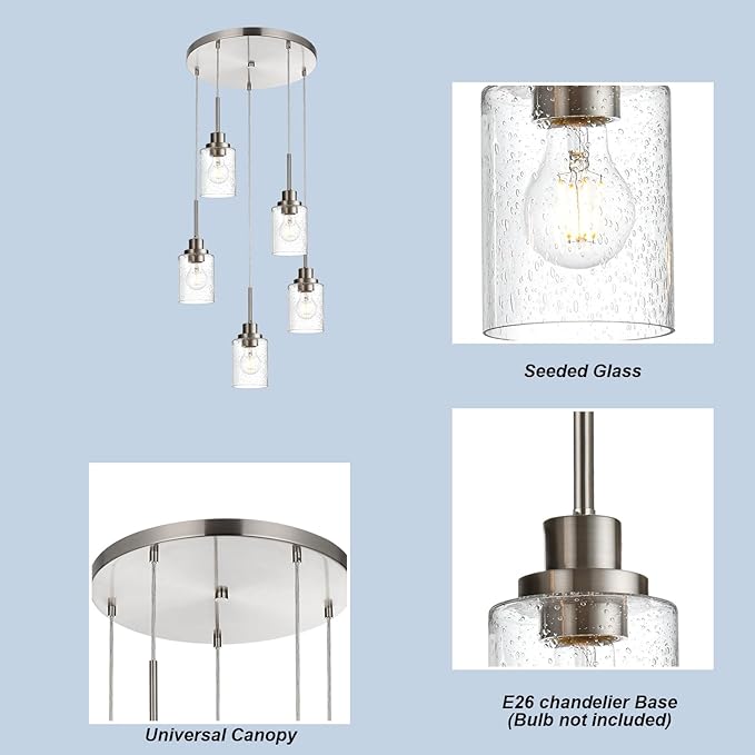 5 Light Farmhouse Pendant Lighting for Kitchen Island,Brushed Nickel Dining Room Cluster Pendant Light Fixtures Hanging Ceiling with Seeded Glass,Modern Pendant Light for Entrance Stairwell