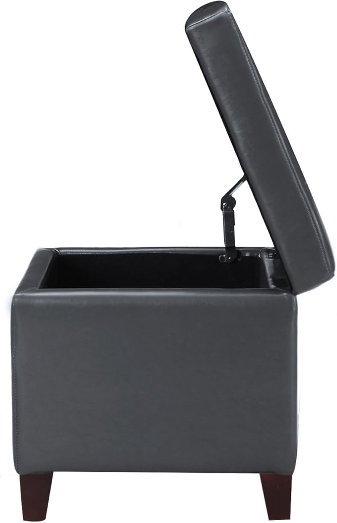 Adeco Bonded Leather Square Tufted Cubic Cube Storage Footstool, 18" Inch Ottomans & Storage Ottomans, With Lid, Dim Gray