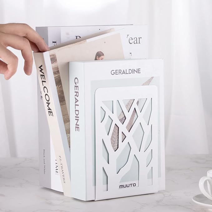 Book Ends, Bookends, Bookends for Shelves, Bookend, Book Ends for Heavy Books, White Metal Book Shelf Holder Home Decorative, Book Stoppers for Shelves, Bookend Supports 4 Pair