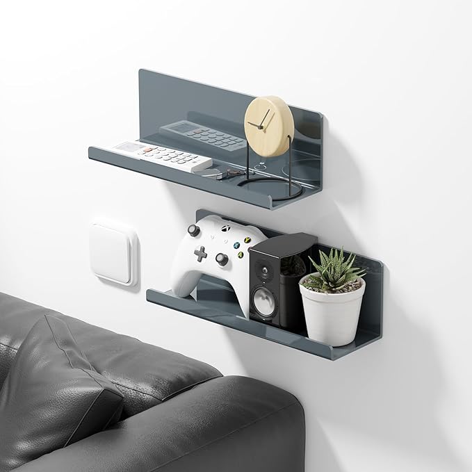 Adhesive Floating Shelves for Wall No Drilling, 12 Inch Acrylic Self Adhesive Shelves, Stick on Shelves, Dorm Wall Shelf, for Bathroom, Kitchen, Bedroom, Office, Gaming Room, Gray