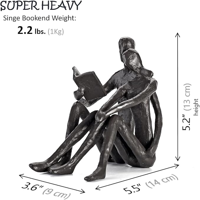 Ambipolar Romantic Reading Couple Bookshelf Decor, Cast Iron Bookend, Aesthetic Room Decor, Office Desk Decor, Home Decorative Bookend for Heavy Books, Satin Black