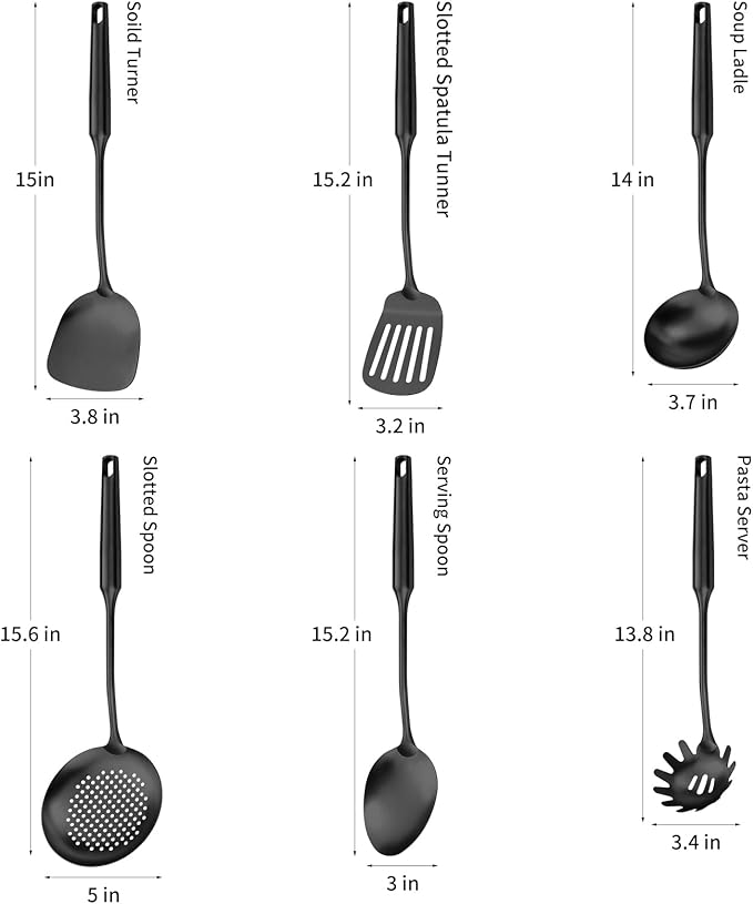 304 Stainless Steel Cooking Utensil,Kitchen Kitchen Utensil with Spatula, Solid Spoon, Ladle, Skimmer, Spaghetti Spoon, 6 Piece Set, Dishwasher Safe(Black)