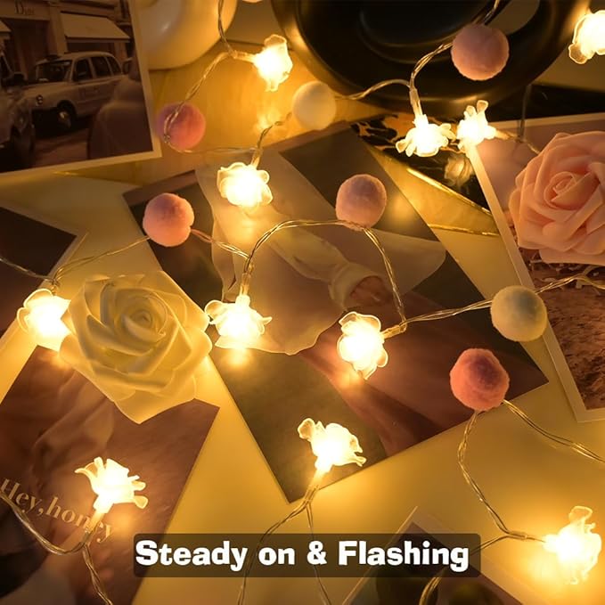9.85Ft String Lights 20 Cute Pink Pompoms 20 LEDs Rose Fairy Lights Garland Battey Operated with Timer Flower Lights for Bedroom Kids Room Party Birthday Wedding Valentines Decorations