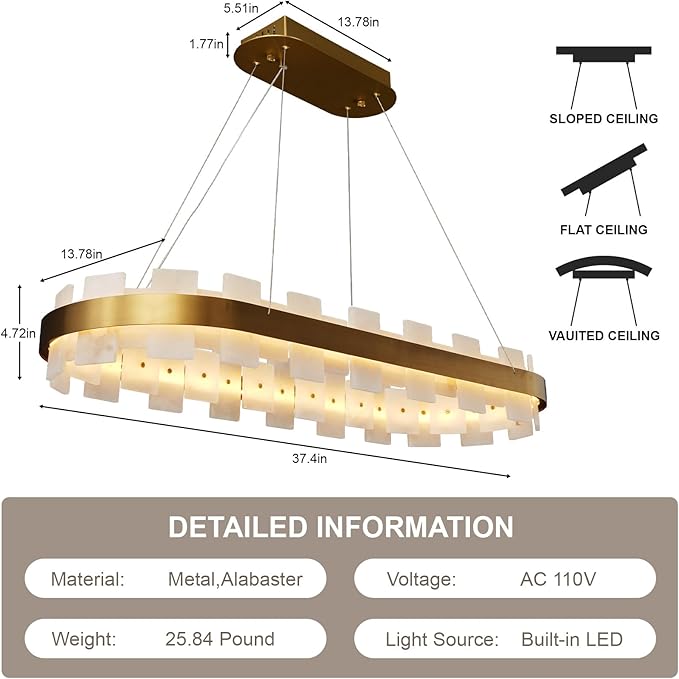 37.4" Natural Spanish Alabaster Rectangle Chandelier, Adjustable Luxury Ceiling Light for Dining Room Over Table, Kitchen Island, Modern Marble Chandeliers for Bedroom, Foyer, Entryway