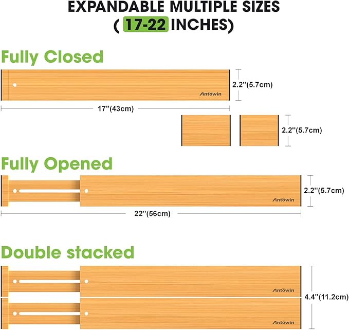 ANTOWIN Bamboo Drawer Dividers Organizers 16pcs, Expandable Drawer Separators Splitter, 17-22 inches Long Adjustable Spring-loaded Organizer for Large Utensil, Clothes, Tools Drawers (8+8)