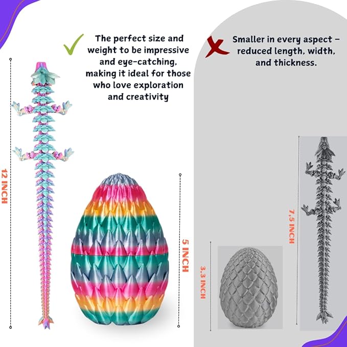 3D Printed 12” Articulated Crystal Dragon Inside 5.1” Egg – Fantasy Collectible, Fidget Toy & Stocking Easter Basket Stuffers for Home & Office Decor (Rainbow)