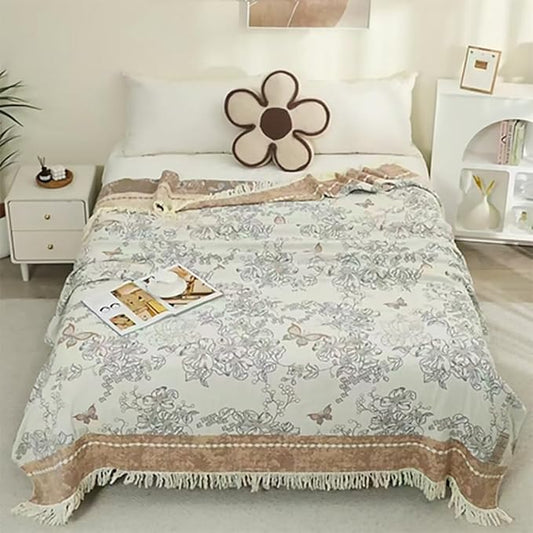 Boho Muslin Blanket for Adults 4-Layer Gauze Twin Size Soft Cozy 100% Cotton Summer Cooling Blanket Floral Decor for Sofa Bed Coverlet Both Sides (Tassels Floral Tan, 80 x 90 in)