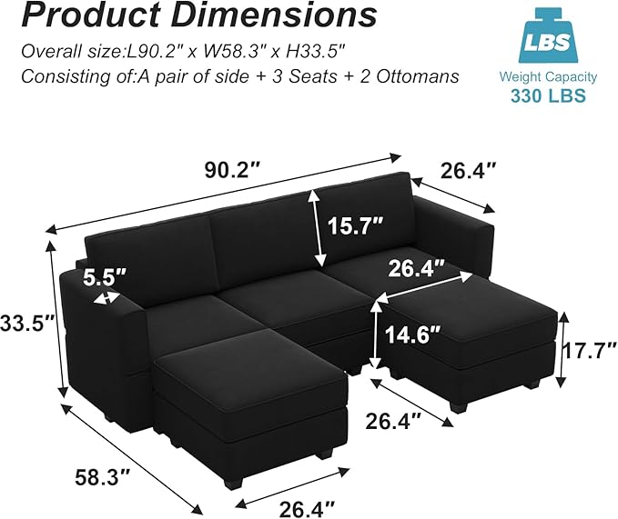 Belffin Modular Sectional Sofa with Double Chaise Velvet U Shaped Sofa Reversible Sectional Couch with Storage Black