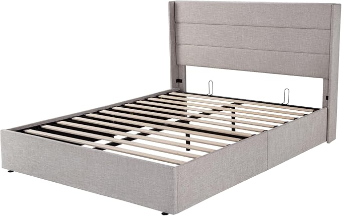 Allewie Queen Size Lift Up Storage Bed, Modern Wingback Headboard, Hydraulic Support, No Box Spring Needed, Light Beige
