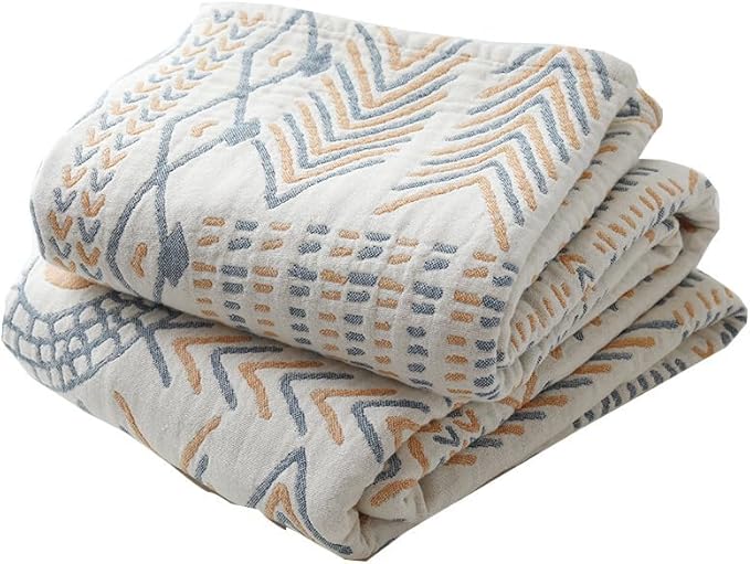 Boho Muslin Blanket for Adults 4-Layer Gauze 80 x 90 Inches Soft Cozy 100% Cotton Summer Cooling Blanket Geometric Stripe Decor for Sofa Bed Coverlet Both Sides (A Boho Stripe, 80 x 90 in)
