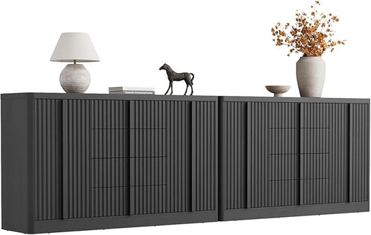 Buffet Cabinet with Storage, 120" Fluted Coffee Bar with 8 Drawers & 4 Doors, Modern Sideboard Buffet with Solid Wood Handle, Credenza Storage Cabinet for Living Room Kitchen Dining Room, Black(2PCS)