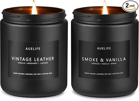 2 Pack Men Candles | Smoke & Vanilla + Vintage Leather - Scented Candles for Men - Masculines Candle - Soy Candle for Home Scented, Man Gifts, Black Jar - 7oz