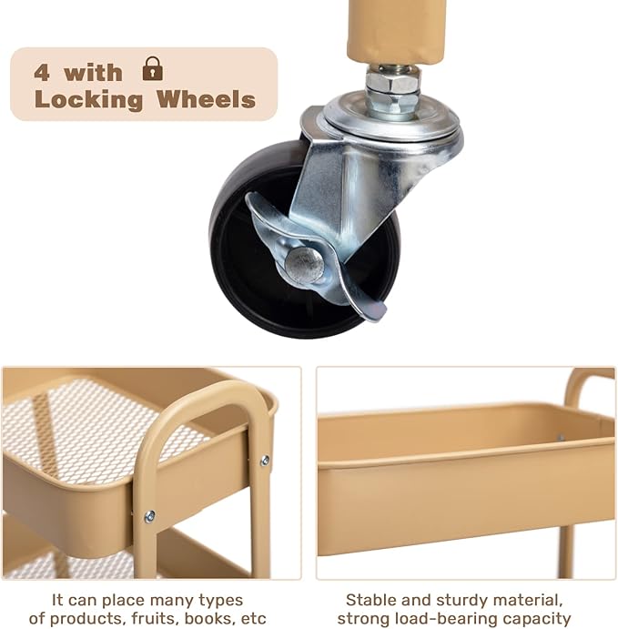 AGTEK Makeup Cart, Movable Rolling Organizer Cart, 3 Tier Metal Utility Cart with Lockable Wheels for Home & Office, Golden