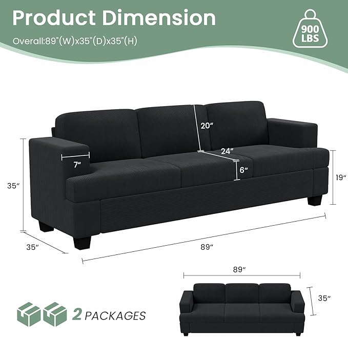 3 Pieces Corduroy Couch Set for Living Room, 7 Seats Cloud Sofa, Deep Seat Floor Couch for Bedroom, Futon Modern Sofa Sectional Bed, Black Corduroy