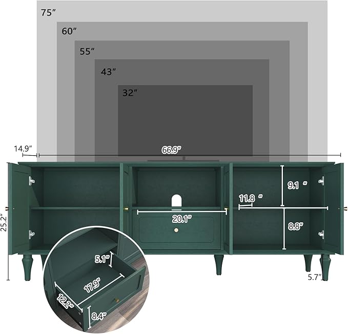 ARTPOWER 67'' Mid-Century Modern TV Stand with Storage Drawer and Doors, Long TV Stand with Adjustable Shelves for 75 Inch TV for Living Room, Bedroom, Green