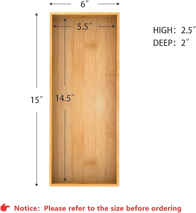 Bathroom Vanity Tray Organizer Bamboo, Small Wood Tray for Bathroom Counter Kicthen Drawer, Rectangular Toilet Paper Storage Basket Box, Guest Sink Tray Decor, Bathroom Accessories 15" x 6" x 2.5"