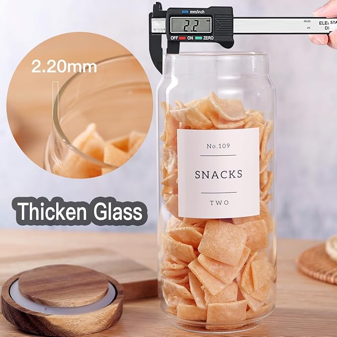 3 Set Glass Pantry Storage Jars with Acacia Airtight Lid - 35oz Thicken Glass Kitchen Canisters with 132 Pantry Labels - Clear Food Storage Containers with Wood Lid for Tea,Sugar,Cookie,Pasta