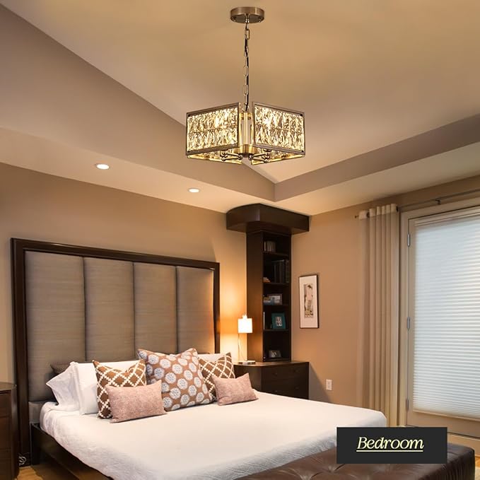 12” 4-Light Modern Crystal Chandeliers Nickel Dinning Room Light Fixture, Square Pendant Light Kitchen Island Chandelier, Flush Mount Ceiling Light for Living Room Entryway Bedroom Foyer