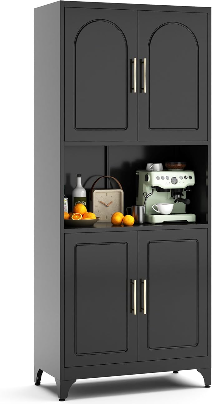 75" Tall Kitchen Pantry Storage Cabinet, Metal Storage Cabinets with 4 Doors and Adjustable Shelves, Black Kitchen Hutch Cabinet with Microwave Stand, Large Cupboard for Dining Living Room
