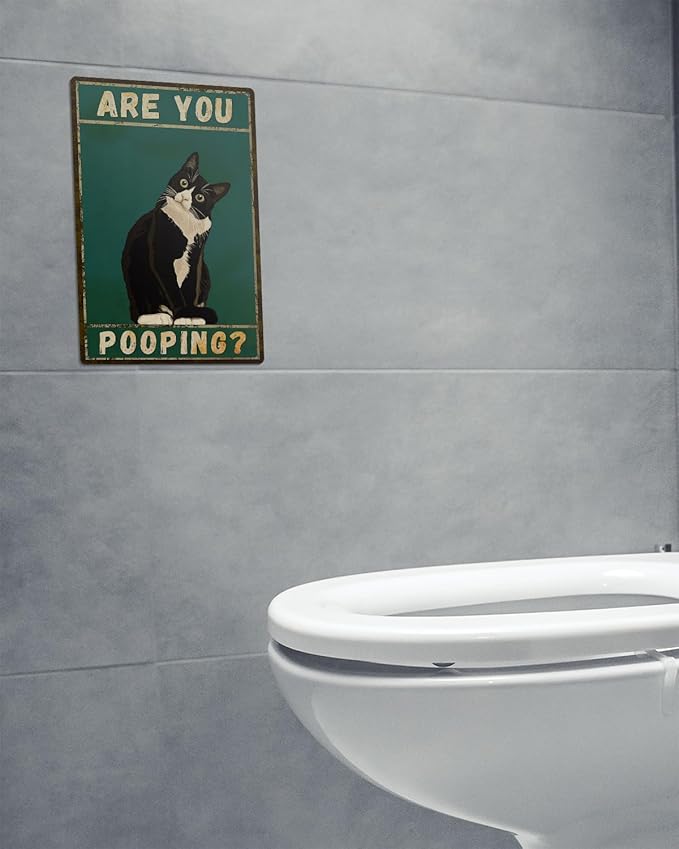 ALKB Bathroom Sign Tuxedo Cat Wall Decor Funny Metal Sign 8x12 Inch - Are You Pooping - Wall of Glory Decor Black Cat Sign