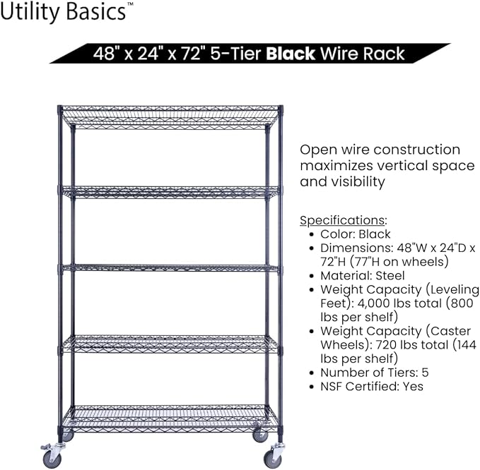48"x24"x72" Black 5-Tier Premium Wire Shelving NSF 4000 LBS MAX Capacity Heavy Duty Steel Storage Rack for Warehouses, Garages, Hospitals, Commercial Spaces, & Schools w/Premium Wheels
