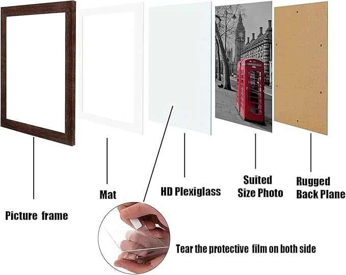 8x10 Picture Frame Set of 6, Display Pictures 5x7 with Mat or 8x10 Without Mat for Wall Mounting, Rustic Brown
