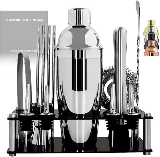 14-Piece Cocktail Shaker Set Bartender Kit with Black Stand, Bar Tool Set for Drink Mixing Bartending Kit Bar Sets Accessories: 750ml(25oz) Shaker, Jigger, Muddler, Cocktail Recipes (Silver)